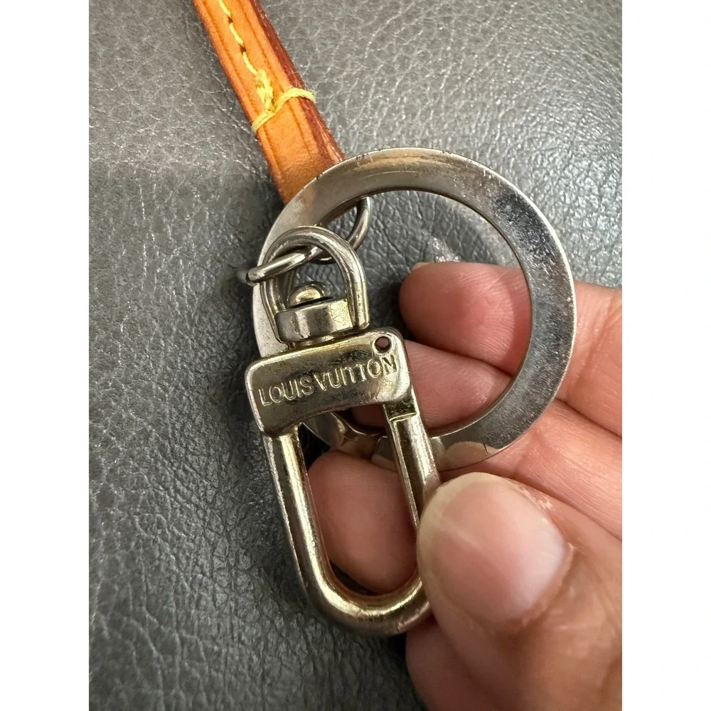 Louis Vuitton Vachetta Leather Strap Keychain Silver Tone Logo Clasp Bag Charm